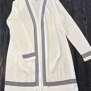 Talbots Ivory Long Open Cardigan with Black Striped Trim, Size L